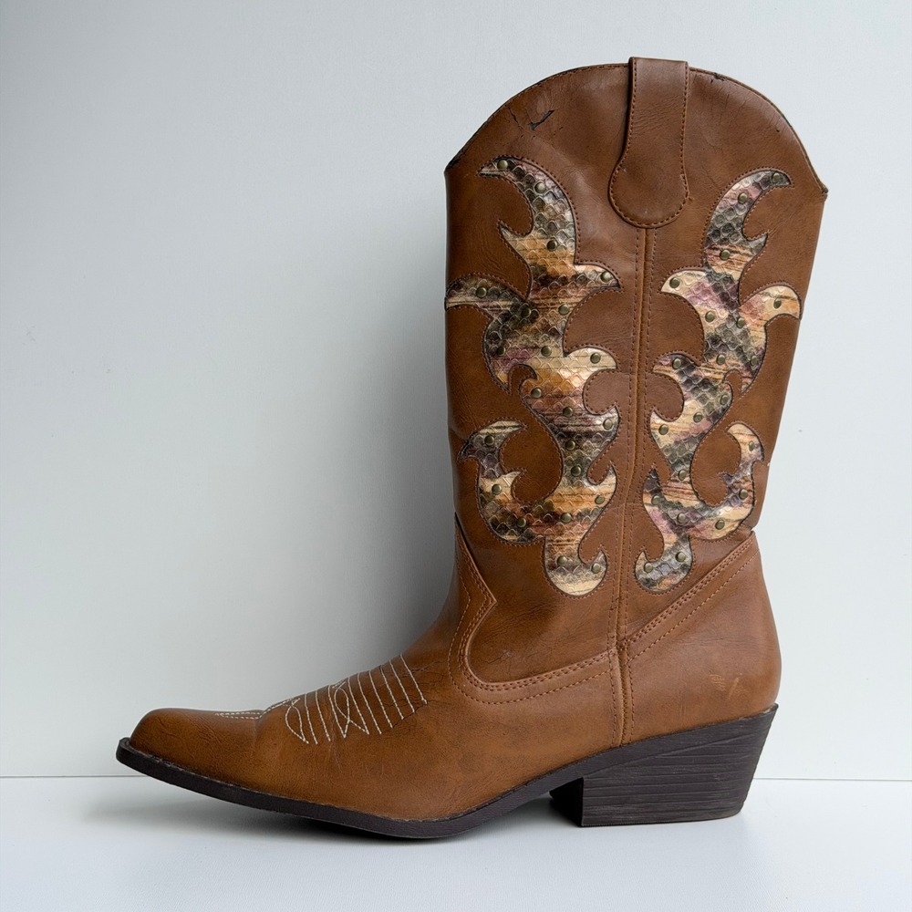 L.E.I. Western Cowboy Boots Women 10 VTG Faux Leather Snake Skin Pointed Toe Y2K